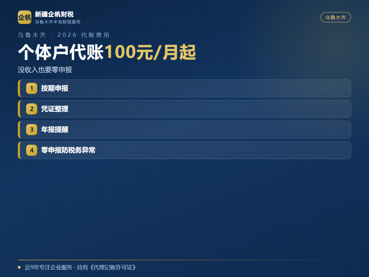 乌鲁木齐个体户代账多少钱一个月 2026费用明细