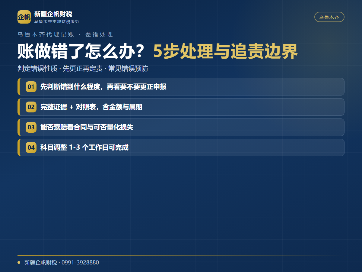 乌鲁木齐代账公司把账做错了怎么办?发现做错后的5步处理与追责边界