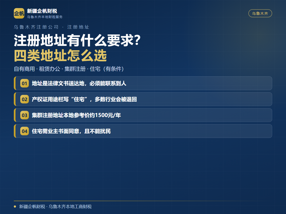 乌鲁木齐注册公司注册地址有什么要求？四类地址对比与住宅使用条件